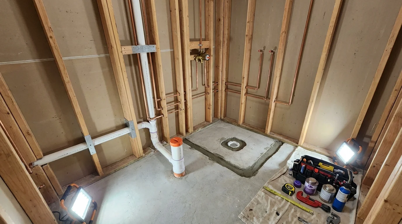 Bathroom rough-in plumbing during remodel by Johns Plumbing LLC in Nixa