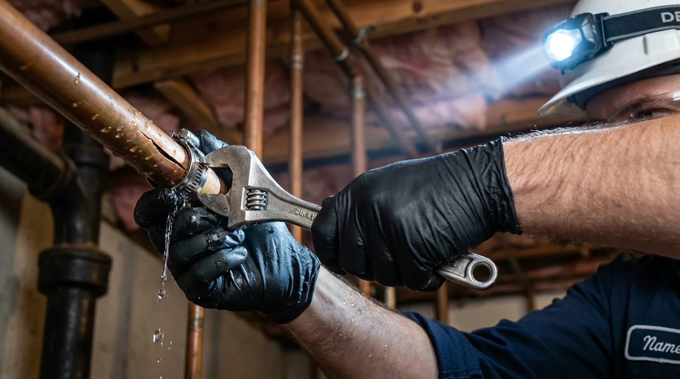 Emergency pipe clamp repair being performed by a Johns Plumbing LLC plumber in Nixa