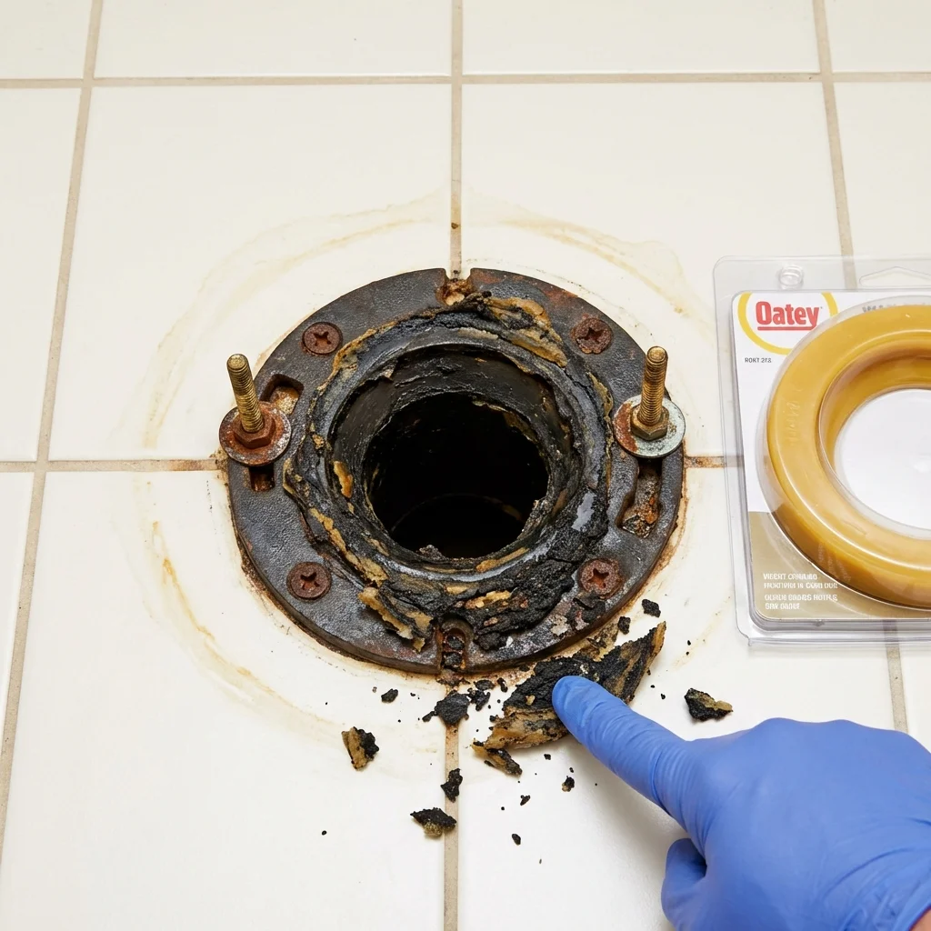 Failed wax ring showing water seepage at the base of a toilet in a Nixa, MO home